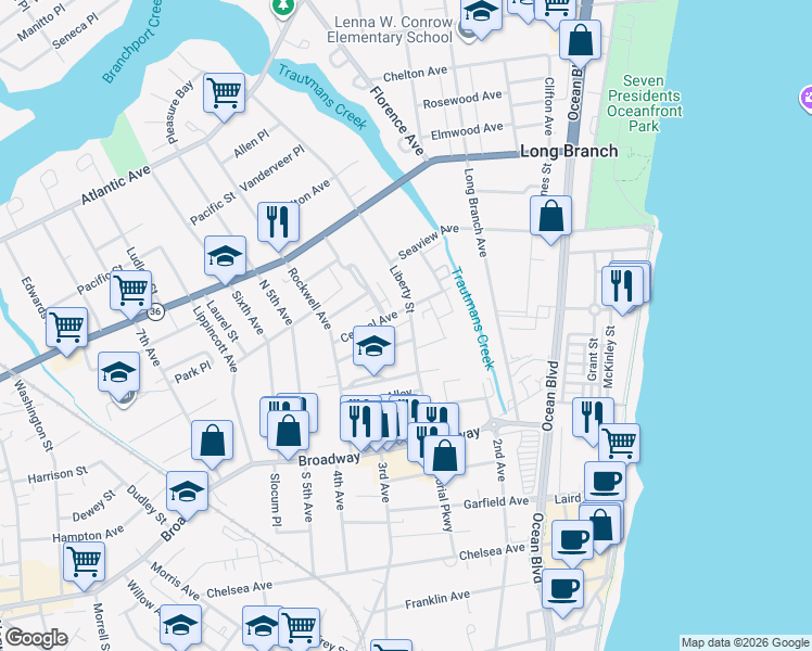 map of restaurants, bars, coffee shops, grocery stores, and more near 97 Liberty Street in Long Branch