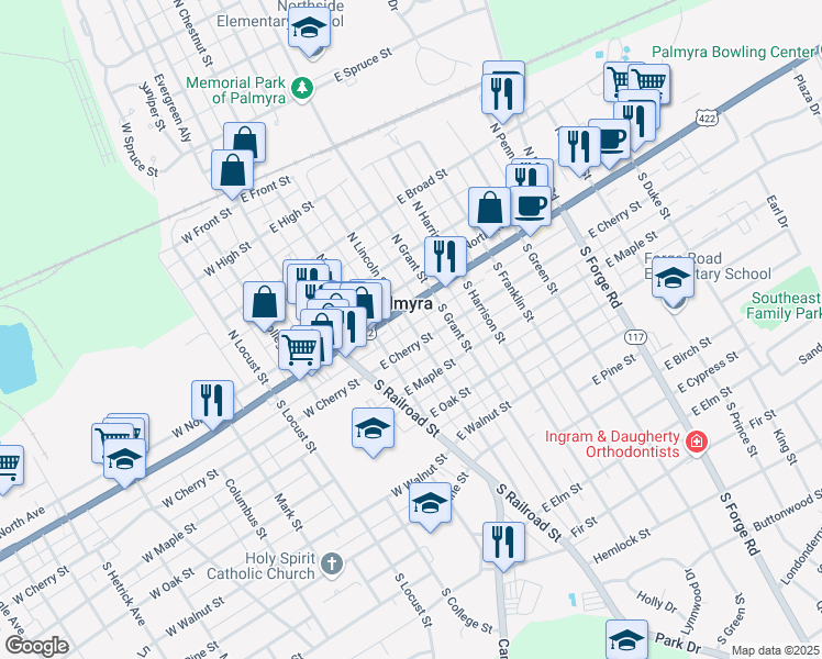 map of restaurants, bars, coffee shops, grocery stores, and more near 129 East Cherry Street in Palmyra