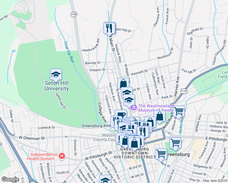 map of restaurants, bars, coffee shops, grocery stores, and more near 411 Harrison Avenue in Greensburg
