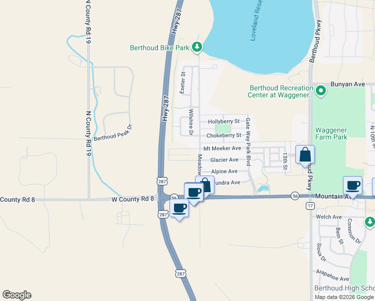 map of restaurants, bars, coffee shops, grocery stores, and more near 1784 Mount Meeker Avenue in Berthoud