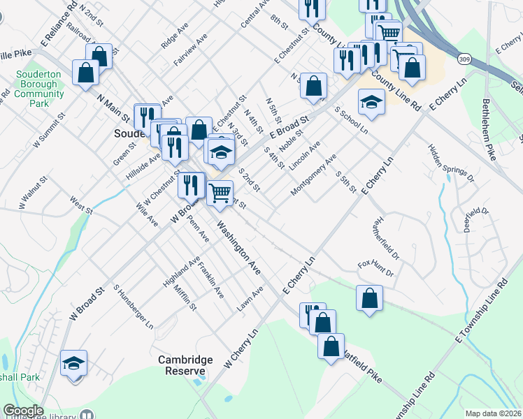 map of restaurants, bars, coffee shops, grocery stores, and more near 143 South Front Street in Souderton