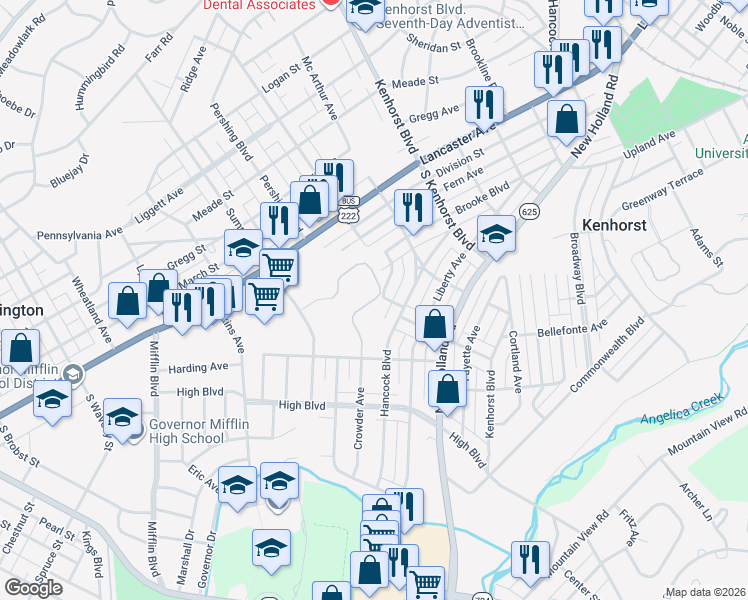 map of restaurants, bars, coffee shops, grocery stores, and more near 112 Community Drive in Reading