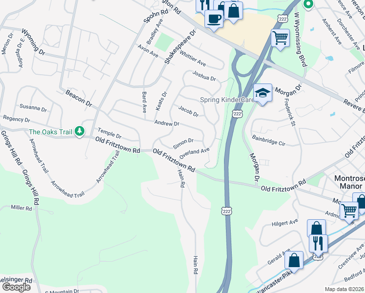map of restaurants, bars, coffee shops, grocery stores, and more near 2514 Simon Drive in Sinking Spring