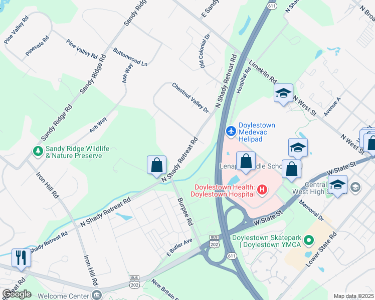 map of restaurants, bars, coffee shops, grocery stores, and more near 469 N Shady Retreat Rd in Doylestown