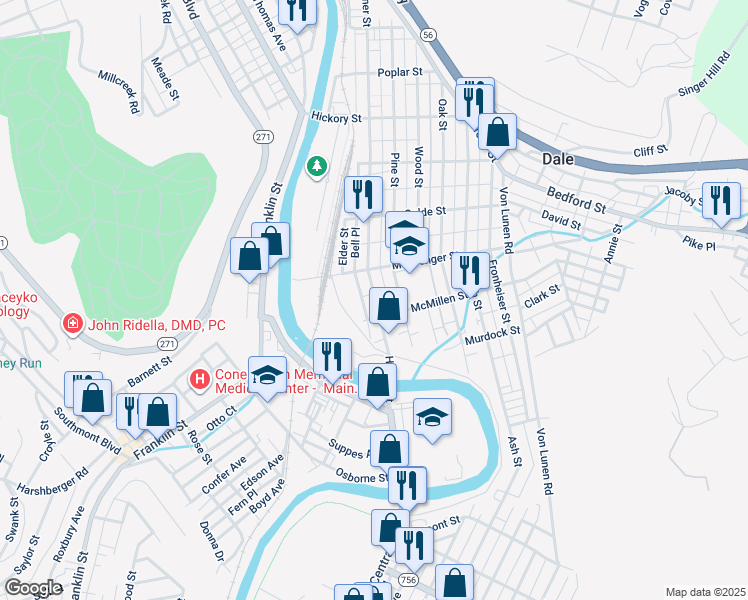 map of restaurants, bars, coffee shops, grocery stores, and more near 727 Horner Street in Johnstown