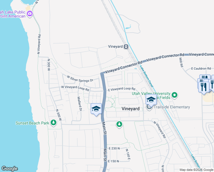 map of restaurants, bars, coffee shops, grocery stores, and more near 633 North 30 East in Vineyard