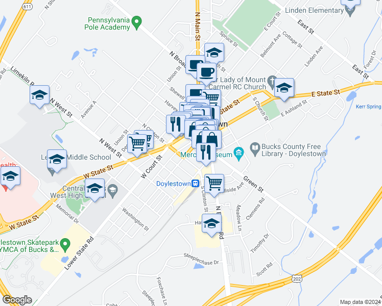 map of restaurants, bars, coffee shops, grocery stores, and more near 74A South Hamilton Street in Doylestown