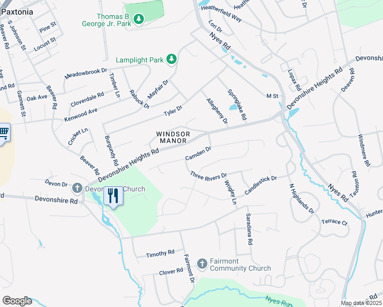map of restaurants, bars, coffee shops, grocery stores, and more near 5986 Camden Drive in Harrisburg