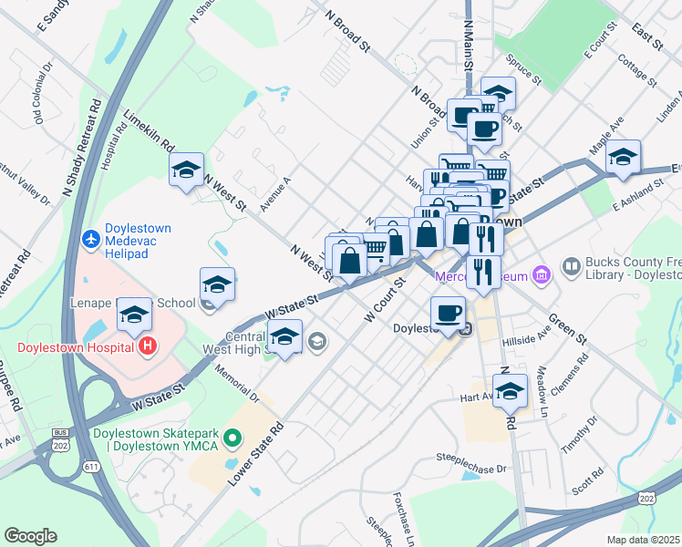 map of restaurants, bars, coffee shops, grocery stores, and more near 235 West State Street in Doylestown