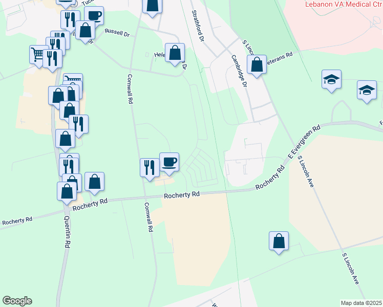 map of restaurants, bars, coffee shops, grocery stores, and more near 726 Farmwood Lane in Lebanon County