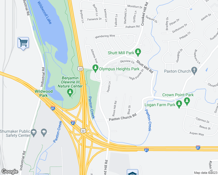 map of restaurants, bars, coffee shops, grocery stores, and more near 3211 Vesta Lane in Harrisburg
