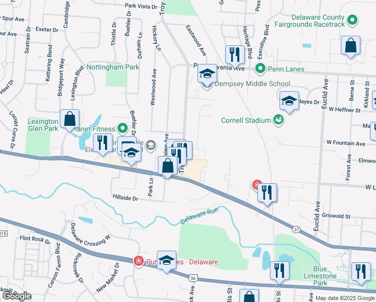 map of restaurants, bars, coffee shops, grocery stores, and more near 20 Georgetown Drive in Delaware