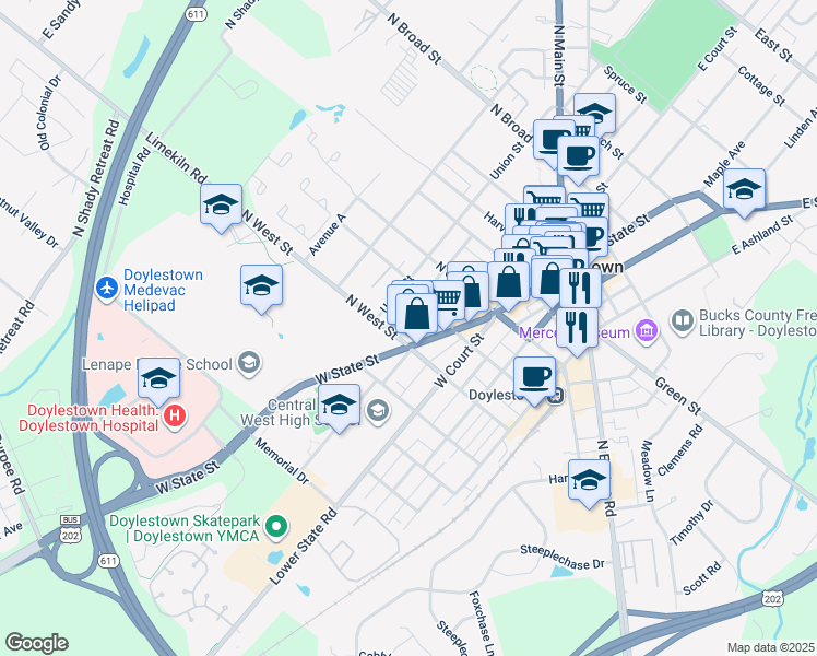 map of restaurants, bars, coffee shops, grocery stores, and more near 244 Wood Street in Doylestown