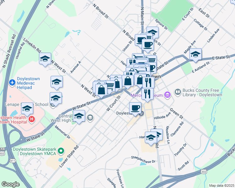 map of restaurants, bars, coffee shops, grocery stores, and more near 170 West Court Street in Doylestown