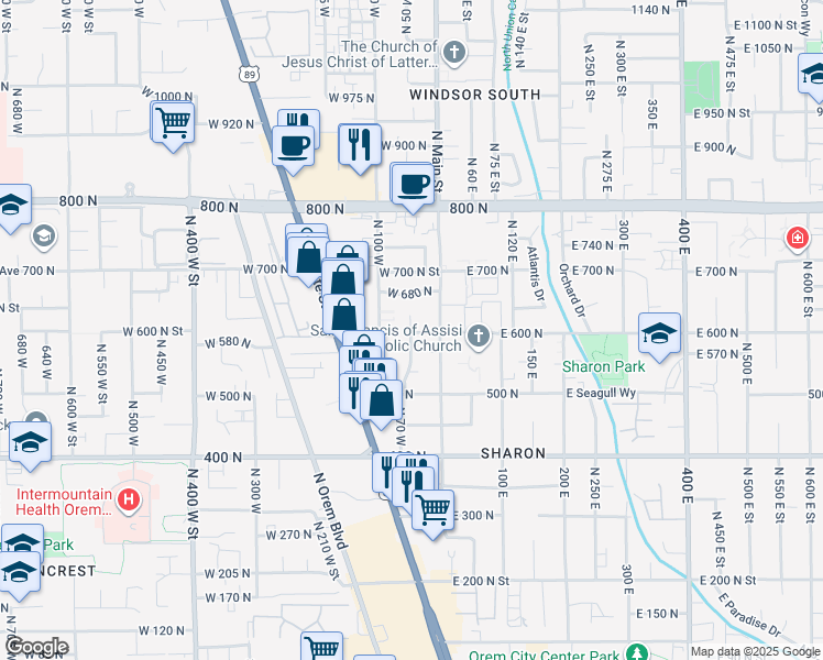 map of restaurants, bars, coffee shops, grocery stores, and more near 612 North Monterey Drive in Orem
