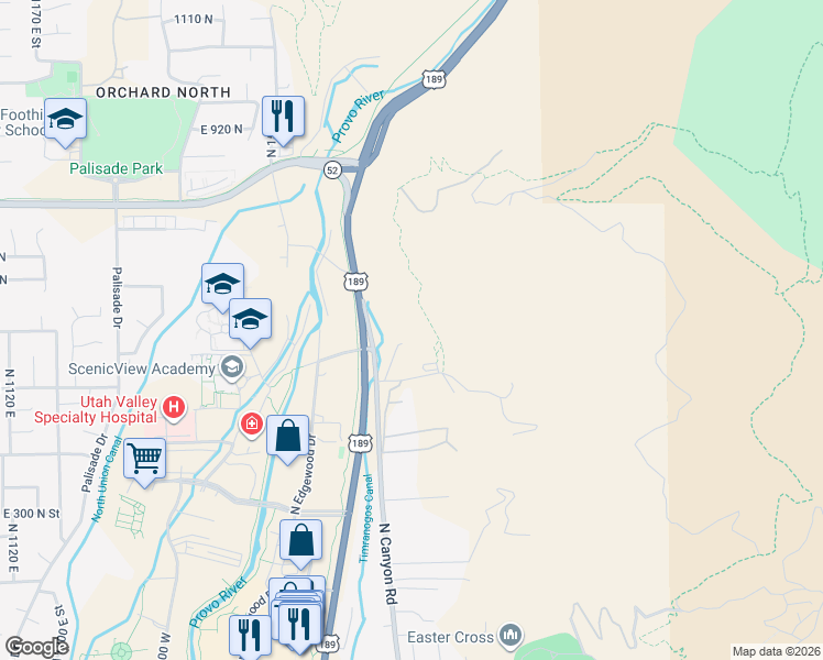 map of restaurants, bars, coffee shops, grocery stores, and more near 5600 North Canyon Road in Provo