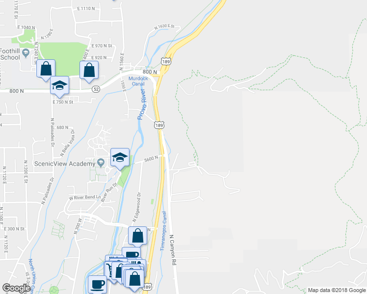 map of restaurants, bars, coffee shops, grocery stores, and more near 5600 North Canyon Road in Provo