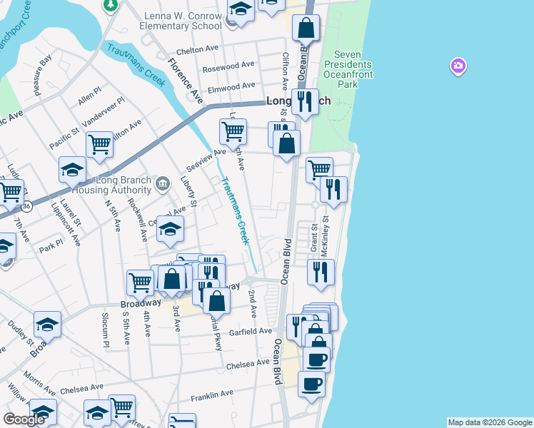 map of restaurants, bars, coffee shops, grocery stores, and more near 75 Long Branch Avenue in Long Branch