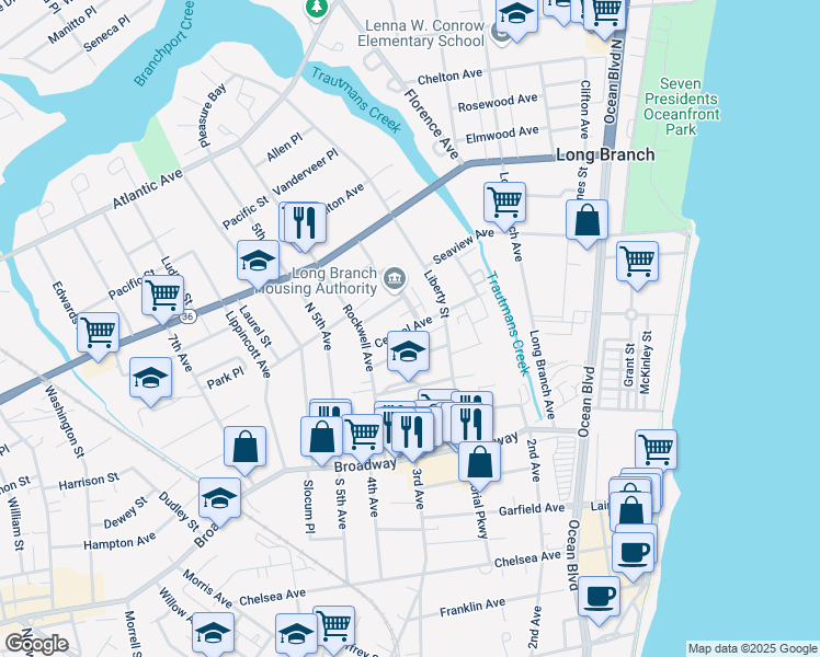 map of restaurants, bars, coffee shops, grocery stores, and more near 267 Central Avenue in Long Branch