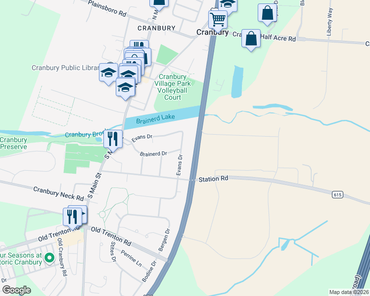 map of restaurants, bars, coffee shops, grocery stores, and more near 36 Evans Drive in Cranbury