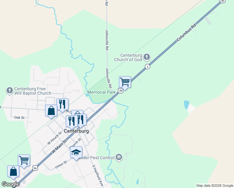 map of restaurants, bars, coffee shops, grocery stores, and more near 3981 Columbus Road in Centerburg