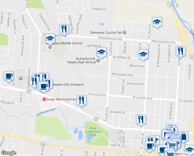 map of restaurants, bars, coffee shops, grocery stores, and more near 53 Orchard Heights in Delaware