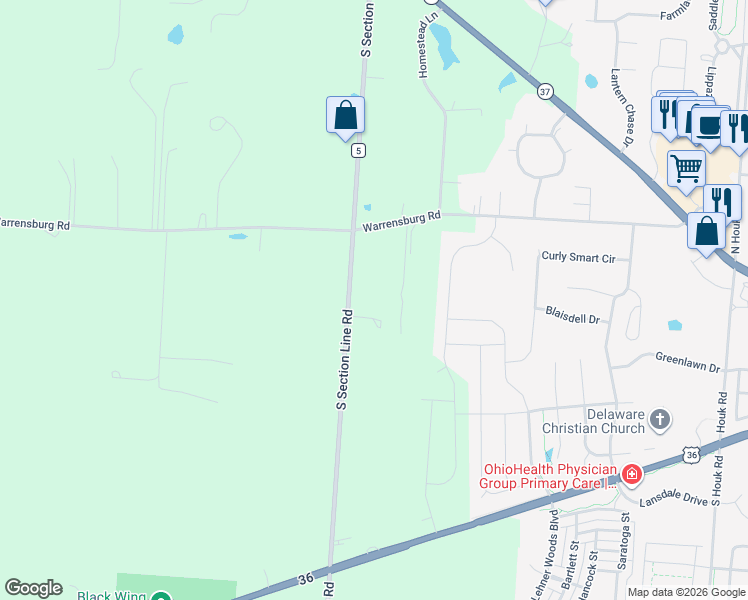 map of restaurants, bars, coffee shops, grocery stores, and more near 615 South Section Line Road in Delaware