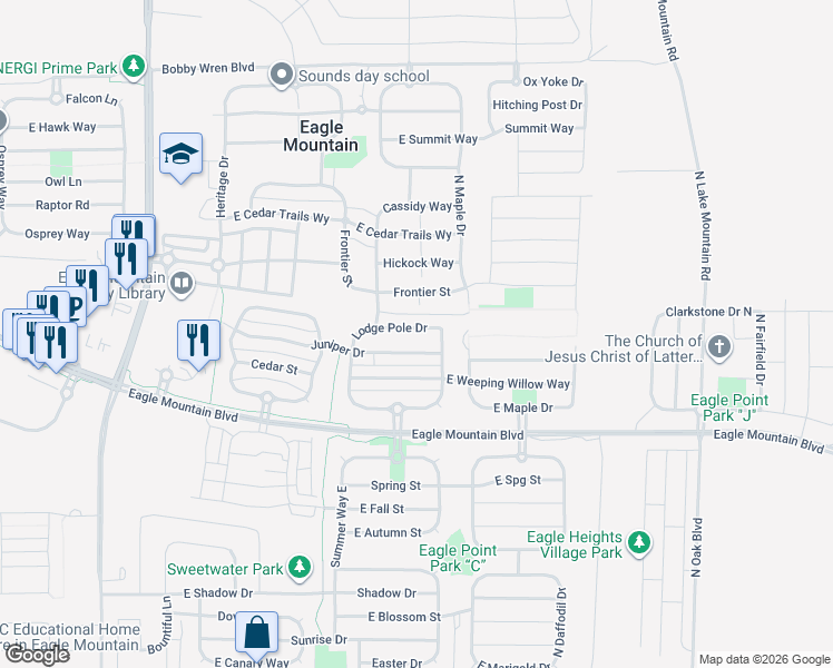 map of restaurants, bars, coffee shops, grocery stores, and more near 2126 Lodge Pole Drive in Eagle Mountain