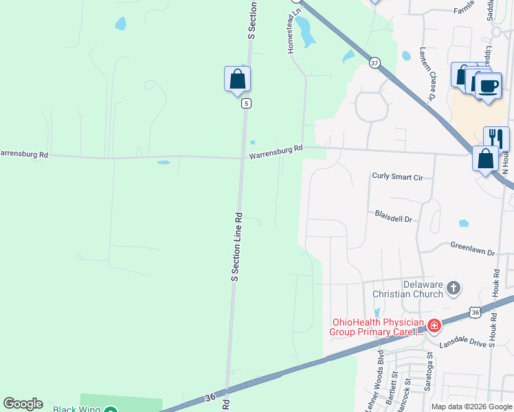 map of restaurants, bars, coffee shops, grocery stores, and more near 615 South Section Line Road in Delaware