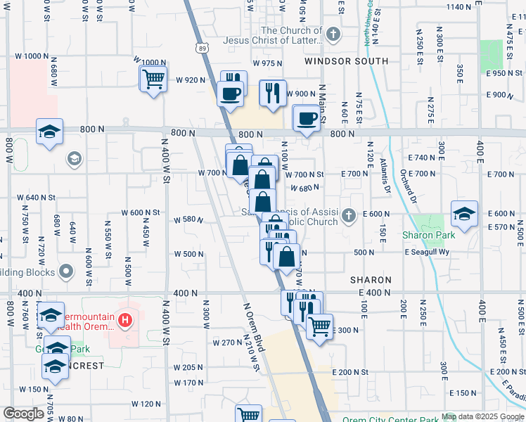 map of restaurants, bars, coffee shops, grocery stores, and more near 588 North State Street in Orem