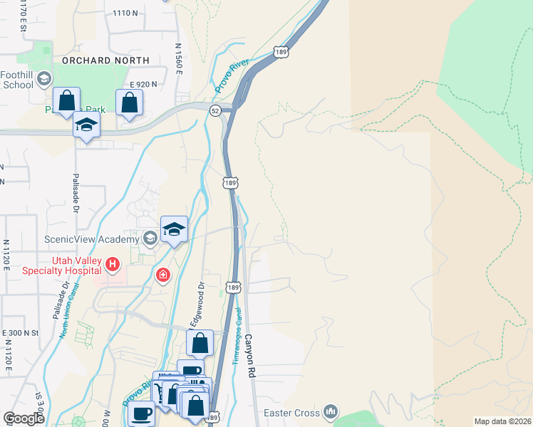 map of restaurants, bars, coffee shops, grocery stores, and more near 5600 North Canyon Road in Provo