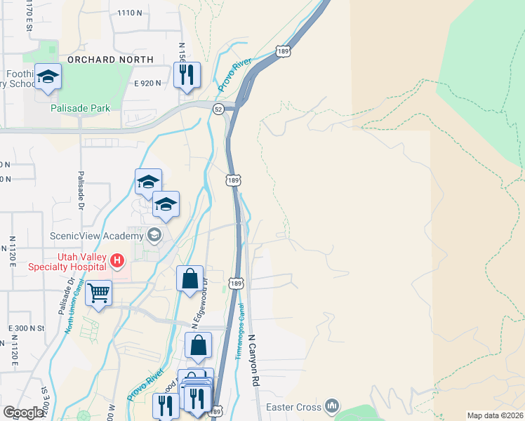map of restaurants, bars, coffee shops, grocery stores, and more near 5600 North Canyon Road in Provo