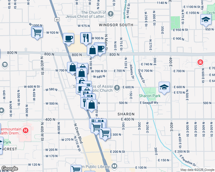 map of restaurants, bars, coffee shops, grocery stores, and more near 593 North Main Street in Orem