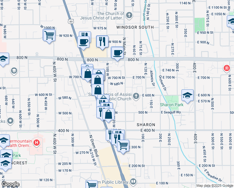 map of restaurants, bars, coffee shops, grocery stores, and more near 600 North 100 West in Orem