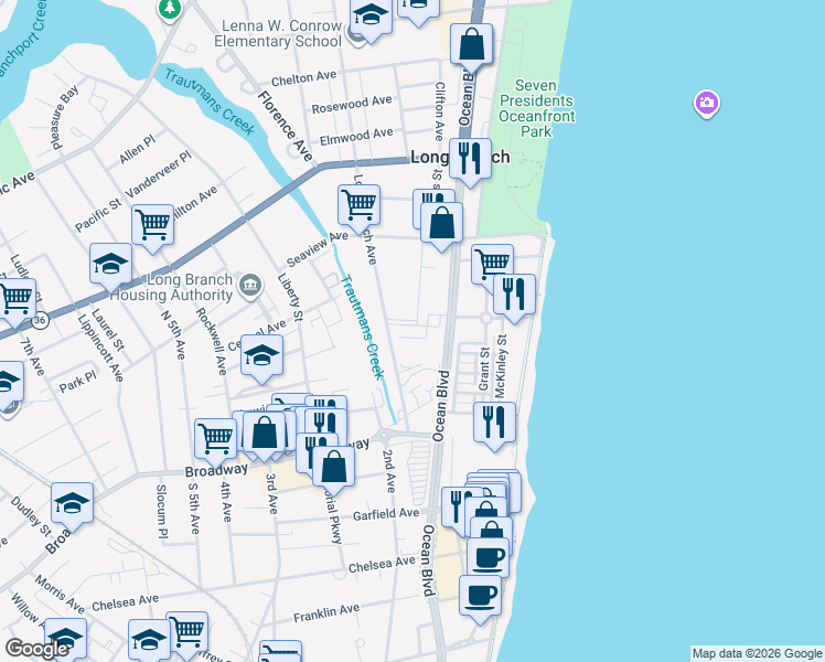 map of restaurants, bars, coffee shops, grocery stores, and more near 75 Long Branch Avenue in Long Branch