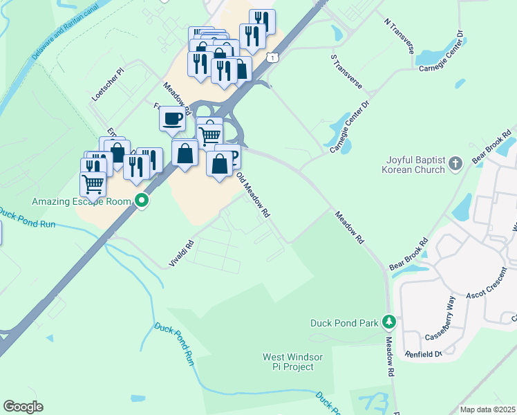 map of restaurants, bars, coffee shops, grocery stores, and more near 465 Meadow Road in Princeton