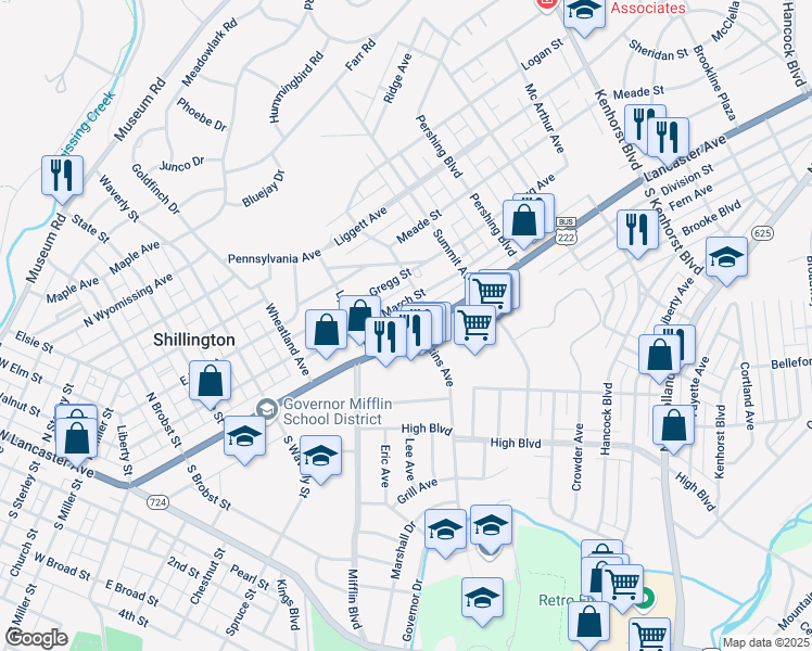 map of restaurants, bars, coffee shops, grocery stores, and more near 521a U.S. 222 Business in Shillington