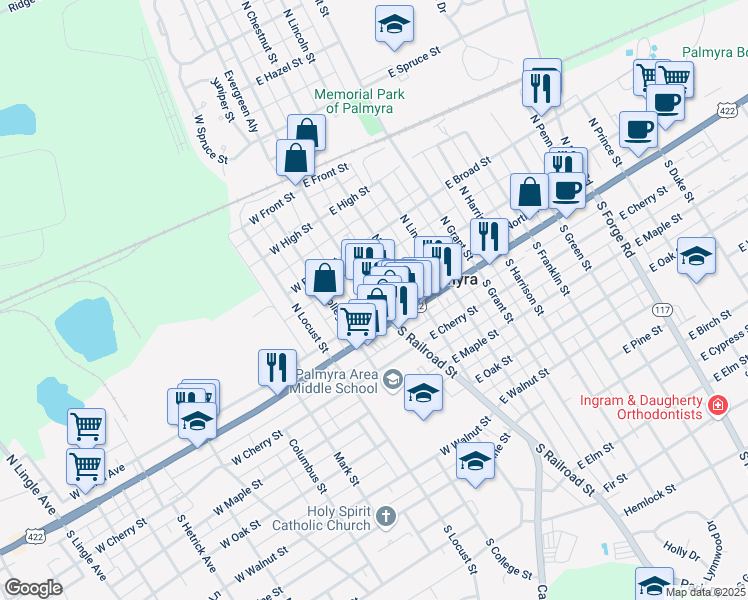 map of restaurants, bars, coffee shops, grocery stores, and more near 16 North Railroad Street in Palmyra