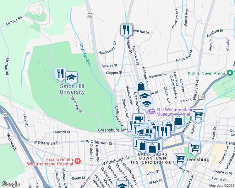 map of restaurants, bars, coffee shops, grocery stores, and more near 419 Brushton Avenue in Greensburg