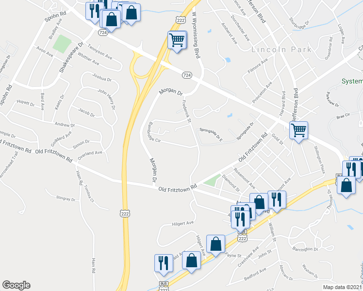 map of restaurants, bars, coffee shops, grocery stores, and more near 244 Bainbridge Circle in Reading