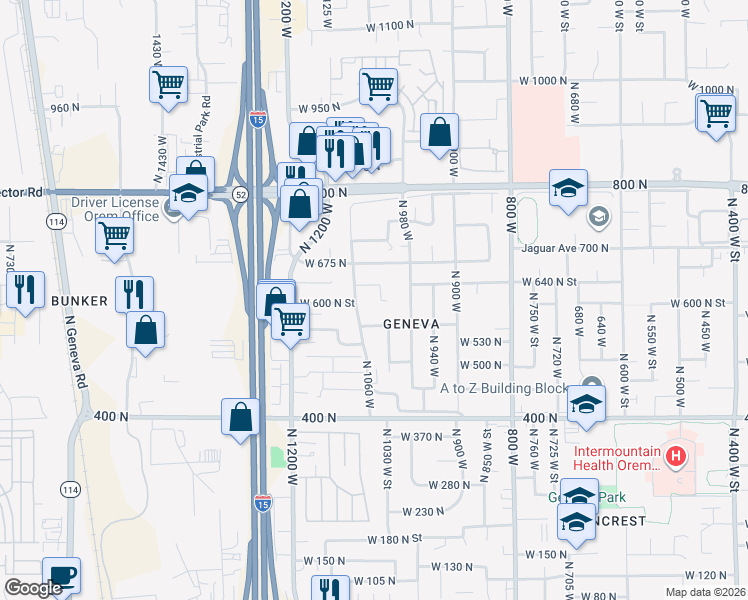 map of restaurants, bars, coffee shops, grocery stores, and more near 608 North 1060 West in Orem
