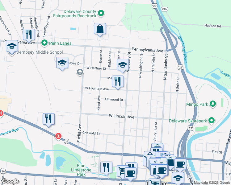 map of restaurants, bars, coffee shops, grocery stores, and more near 62 Elmwood Drive in Delaware