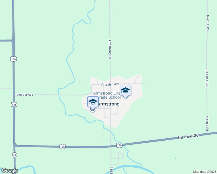 map of restaurants, bars, coffee shops, grocery stores, and more near 30600-30694 North 350 East Road in Armstrong