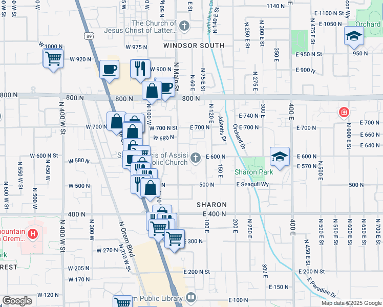 map of restaurants, bars, coffee shops, grocery stores, and more near 57 East 600 North in Orem