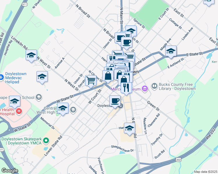 map of restaurants, bars, coffee shops, grocery stores, and more near 23 South Clinton Street in Doylestown