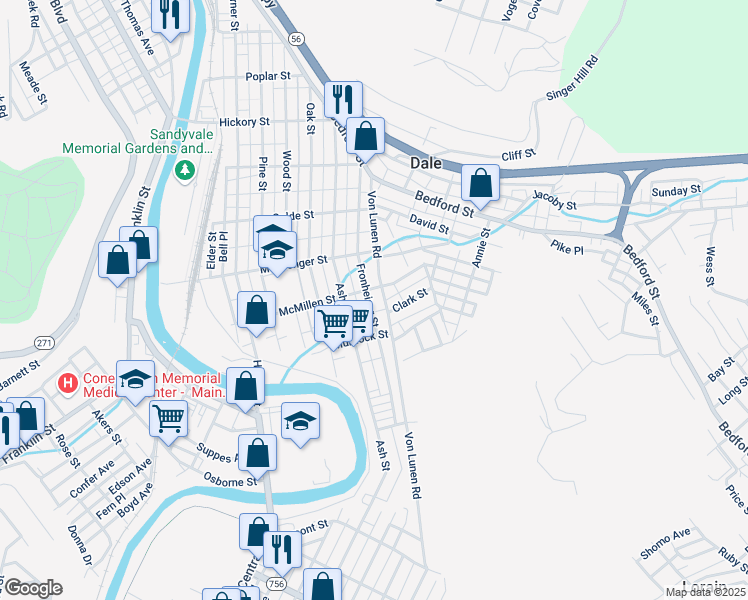 map of restaurants, bars, coffee shops, grocery stores, and more near 807 Fronheiser Street in Johnstown