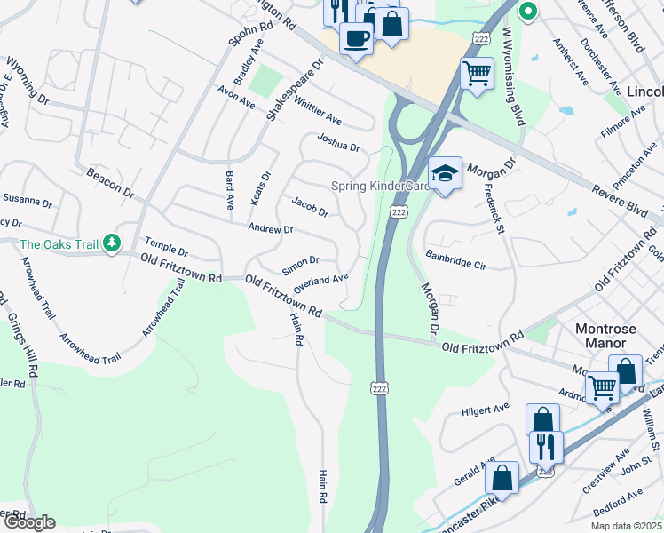 map of restaurants, bars, coffee shops, grocery stores, and more near 2500 Simon Drive in Sinking Spring