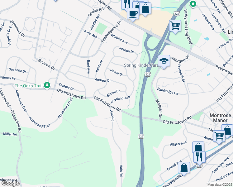 map of restaurants, bars, coffee shops, grocery stores, and more near 2508 Simon Drive in Sinking Spring