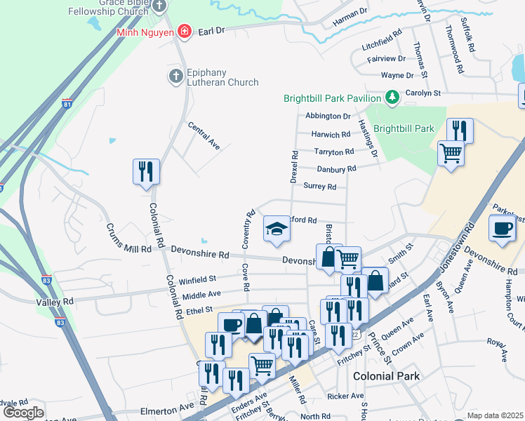 map of restaurants, bars, coffee shops, grocery stores, and more near 4500 Oxford Road in Harrisburg