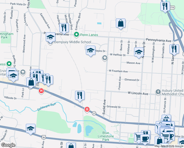 map of restaurants, bars, coffee shops, grocery stores, and more near 53 Orchard Heights in Delaware